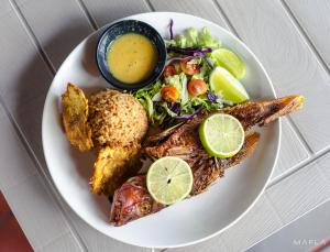 a plate of food with fish and a salad and dipping sauce at Ecohotel Raices del Rosario in Cartagena de Indias +122 photos