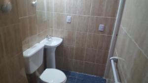 uma casa de banho com um WC, um lavatório e um chuveiro em Hotel El Porteño em Buenos Aires