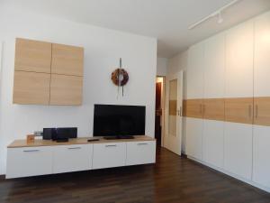 sala de estar con armarios blancos y TV de pantalla plana en Domicil Schluchsee, en Schluchsee