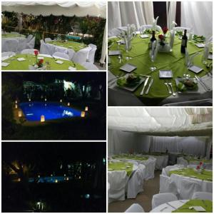 a collage of four pictures of a table with white table settings at Tikay Suite Hotel in Copiapó