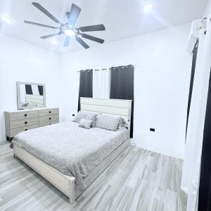 a bedroom with a bed and a ceiling fan at Modern Caribbean retreat 2 in Kingston
