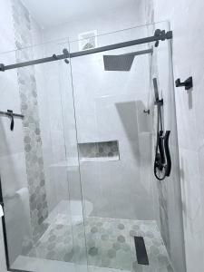 a shower with a glass door in a bathroom at Modern Caribbean retreat 2 in Kingston +18 photos