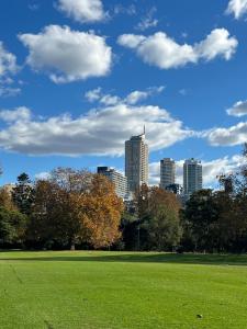a view of a park with a city in the background at Edgecliff Lodge Motel in Sydney