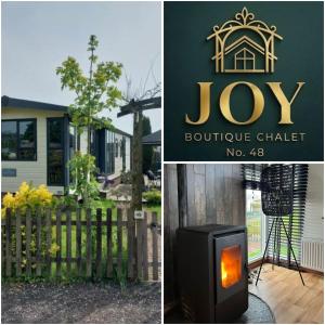 a picture of a house with a sign and a stove at JOY Boutique Chalet Berkhout - Hoorn in De Hulk