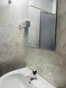 a bathroom with a white sink and a mirror at Veenu Homestay in Badulla