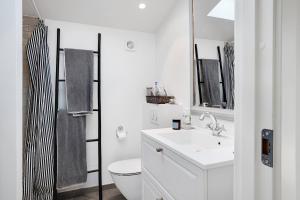 a bathroom with a sink and a toilet and a mirror at Unique New Beach-House I Seaview And Space in Vejby +32 photos