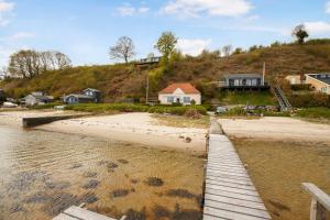 ein Strand mit einem Holzsteg und Häusern auf einem Hügel in der Unterkunft Exklusive Lage Direkt Am Wasser in Kolding
