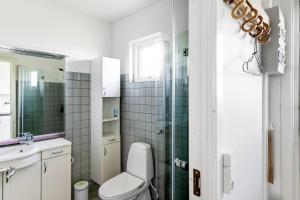 a bathroom with a toilet and a glass shower at Bornholm Holiday Apartment With Sea View in Allinge