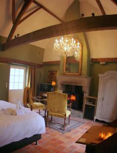 a bedroom with a fireplace and a bed and a mirror at B&B Canal Deluxe in Bruges