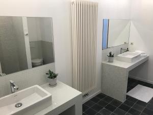 baño con lavabo y espejo grande en Burgstraat 8 en Gante