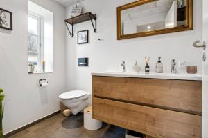 a bathroom with a toilet and a sink and a mirror at Modern House With Space For Relaxation in Åkirkeby +14 photos