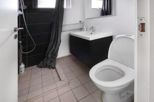 a bathroom with a white toilet and a sink at Amazing Holiday Home With View At The Water in Vig +14 photos