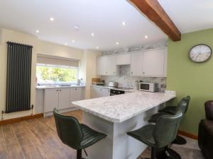 a kitchen with a white counter and green walls at Dalar Deg in Rhiw