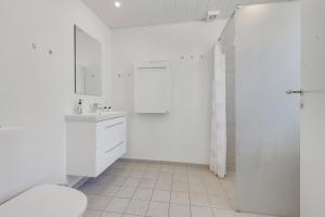 a white bathroom with a toilet and a sink at Holiday Home With Outdoor Jacuzzi And Shelter in Vig +21 photos