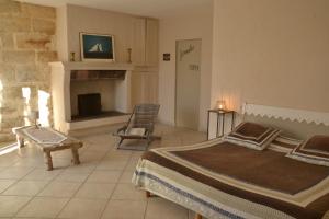 a bedroom with a bed and a fireplace at Mas De Sylvereal in Sylvéréal