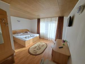 a small room with a bed and a table at Paradis in Buşteni