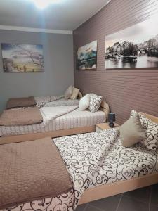 a bedroom with three beds and paintings on the wall at Apartman Radoman in Cetinje