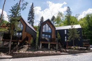 a house with a black facade with glass windows at Chalet Port Bicaz in Bicaz