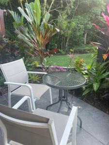 a patio with a table and chairs and plants at Eden on Beach in Palm Cove