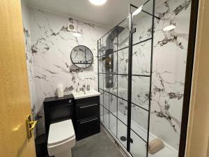 a bathroom with a toilet and a glass shower at Seaside Penthouse 1 in Largs
