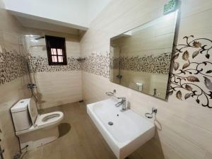 a bathroom with a sink and a toilet and a mirror at Titanic Villa Kandy in Kandy