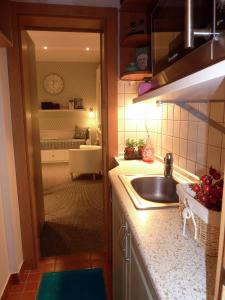 eine Küche mit einem Waschbecken und Blick auf ein Wohnzimmer in der Unterkunft Vend Inn in Budapest