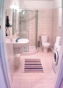 uma casa de banho com um chuveiro, um lavatório e um WC. em Tahiti em Breslávia