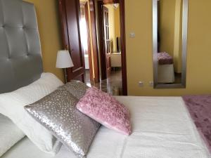 2 rosa Kissen auf einem Bett im Schlafzimmer in der Unterkunft Apartamentos Acevedo Centro I in Ronda