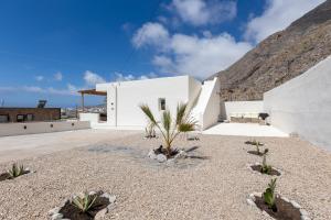 a white house with plants in the courtyard at Villa Karras - Sea & Mountain View in Perissa