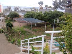 Blick auf einen Garten mit einem Metalldach in der Unterkunft Antouan Matina in Archangelos