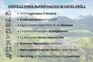 a poster with a list of attractions in the mountains at Hotel Gasthof Kröll, 1x Großglockner kostenlos, Kinder bis 12 Jahre frei, Restaurant mit regionaler Küche in Niedernsill