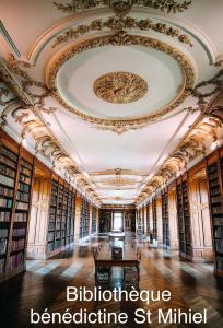 a library with a ceiling with bookshelves and a table at La maisonnette au bord de l eau in Grimaucourt-près-Sampigny
