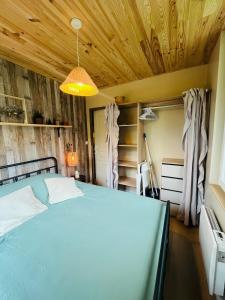 a bedroom with a blue bed with a wooden ceiling at La maisonnette au bord de l eau in Grimaucourt-près-Sampigny