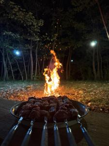 a plate of food on a grill with fire in the background at Sunset Krikhi in Ambrolauri