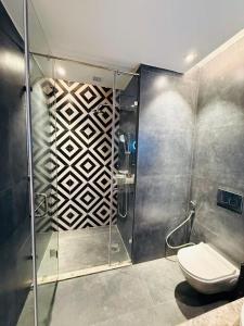 a bathroom with a shower and a toilet at Galaxy Blue Sapphire Studio in Ghaziabad +14 photos