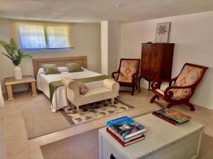 a bedroom with a bed and a chair and a table at Olmo tree in Vista Hermosa +37 photos