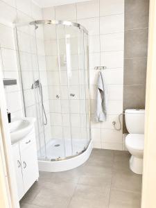 a bathroom with a shower and a toilet and a sink at Apartamenty Adabet in Kępno