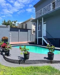a swimming pool in front of a house with potted plants at Premier Residence in Windermere in Durban
