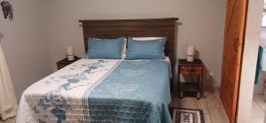 a bedroom with a bed with a blue comforter and pillows at Inyati Guest House in Marloth Park +26 photos
