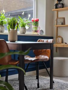 a desk and a chair in a room with plants at B&B Bokkeleane in Kolderwolde