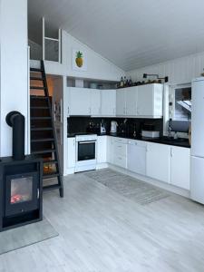 a kitchen with a stove in the middle of a room at Charming Cabin With Archipelago Views In Sogn in Ånneland