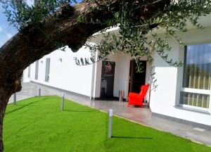 Abraxia Guest House في كوميزو: شجرة وكرسي احمر امام مبنى