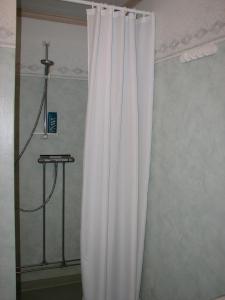 Höljes的住宿－巴特斯特貝爾吉特豪爾基斯酒店，浴室内带白色窗帘的淋浴
