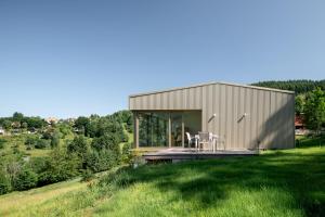 a glass house on a hill with a green field at Chalet DU MERLE - CHAMP DU FEU - NEUF 5 ETOILES in Belmont