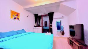a bedroom with a bed and a flat screen tv at CASA Don Lucio in Craiova