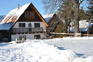 a house with a snow covered yard in front of it at Gazdovsky dvor "U Tlaciarov" in Liptovský Trnovec