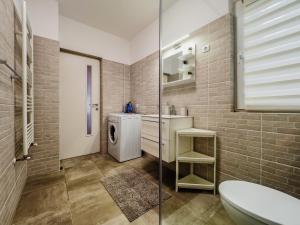 a bathroom with a sink and a washing machine at Ben Apartments Near City Center in Sibiu +59 photos