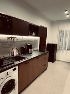 a kitchen with a sink and a washing machine at Apartamenty Leszczynowa 7 blisko Zatora in Spytkowice