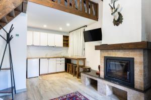 a kitchen and living room with a fireplace at Carpatia Retezat in Clopotiva