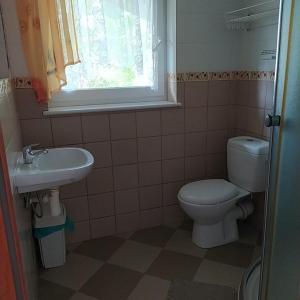 a bathroom with a toilet and a sink and a window at Złota Rybka in Rowy +69 photos